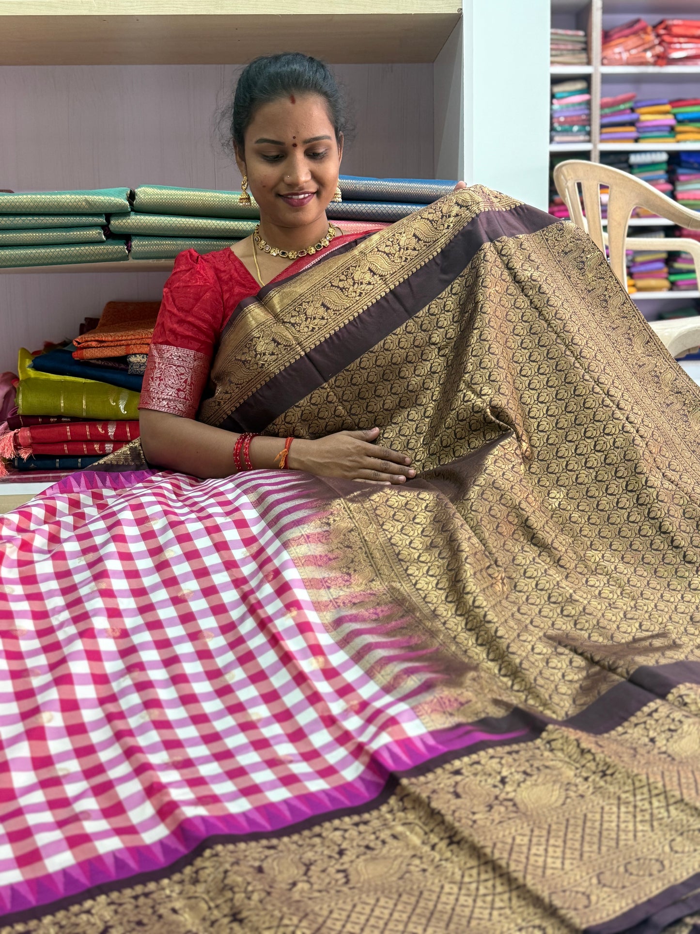 Silk checks with kanchi border